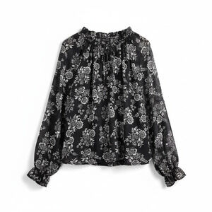 Bobeau Floral Print High Ruffle Tie Neck Long Sleeve Blouse Sheer Black M Boho